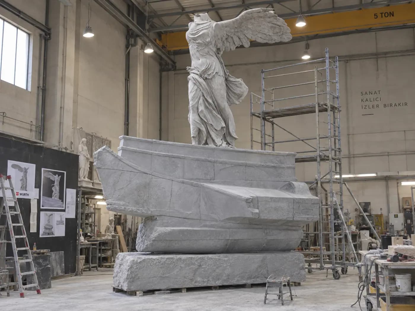 Primed fibreglass cast in the workshop, scaffolding behind it