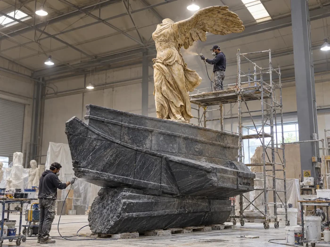 The work and its base being spray-painted in the workshop